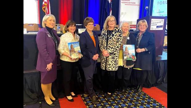Senator Karla Eslinger joined a group of female Missouri senators at the Missouri School Board Association's (MSBA) Legislative Forum and updated the group on the publication of "You Can, Too!" The book, which traces the history of women in the Missouri Senate, is aimed at encouraging childhood literacy. Pictured above, from left, MSBA Executive Director Melissa Randol, Sen. Jill Schupp, Sen. Cindy O'Laughlin, Sen. Elaine Gannon, MSBA President Nancy Masterson, and Sen. Eslinger. photo provided