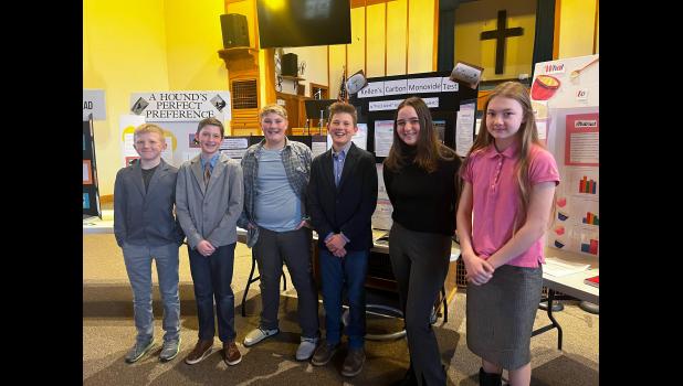 Six students participated in the Classical Conversations annual Science Fair held Monday, Feb. 13. Pictured above, Gideon Biring, Caleb Martin, Erik White, Kellen Lewis, Molly Clevenger, and Molly Dix. photo provided