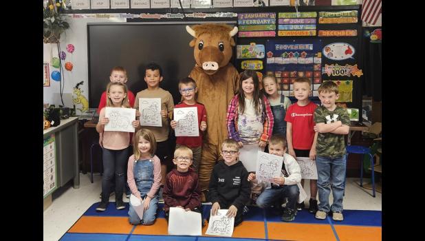 Students received coloring pages during the 5th Annual MoBeef Days. Pictured, back row, left to right: Grayson Cattell, Ben Stanley, Easton Small, Devyn Sanders, Myra Dugger, Bryson Evans, and Lucas Shanks. Front row, left to right: Piper Holmes, Hudson Wake, Jett Hilton, and Jacob Story. photo provided