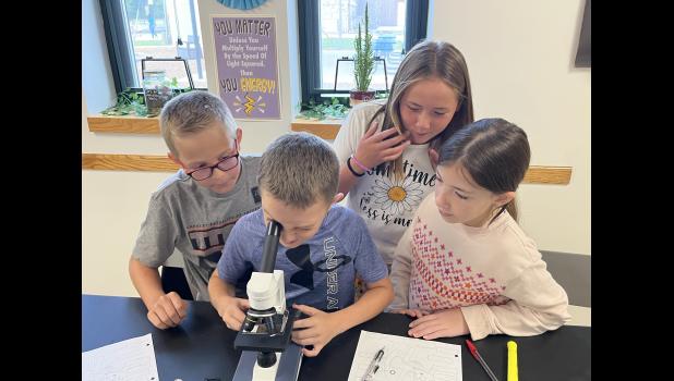 Gabe Richison, Camden Pond, Anna Makhtany, and Amelia Lamberson gather around the microscope during Mrs. Dixon's fifth grade science class. photo provided
