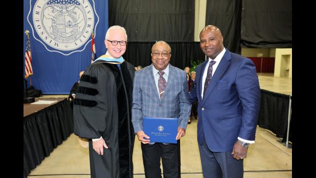 Crockett Oaks, Jr., center, West Plains, received an honorary Associate of Arts in General Studies degree Saturday, May 10, from Missouri State University-West Plains (MSU-WP) during commencement ceremonies. Oaks received the degree from MSU-WP Chancellor Dennis Lancaster, left. With Oaks is his son, Crockett Oaks III. photo courtesy of MSU-WP