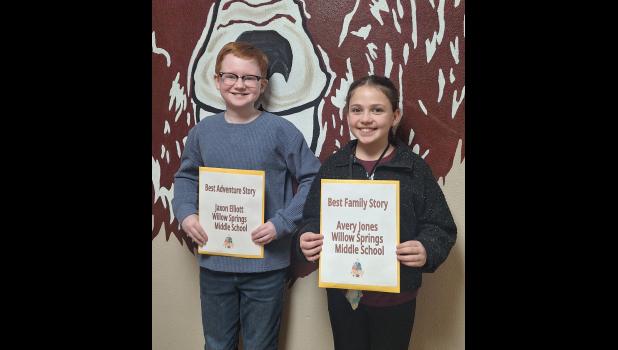 Best Adventure Story winner Jaxon Elliott, right, sixth grade, and Best Family Story winner Avery Jones, fifth grade, both of Willow Springs Middle School. Howell County News/ Amanda Mendez