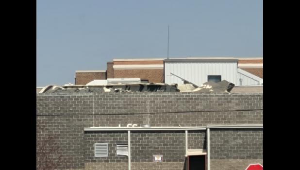 Wind damage to the roof of the Bears Den at Willow Springs Schools on March 19. Howell County News/Josie Brockelbank