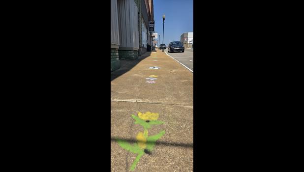 The Bailey Walking Path is a sidewalk mural of Missouri wildflowers. Pictured, is part of the path on E. Main Street looking north towards Center St. Howell County News/ Amanda Mendez