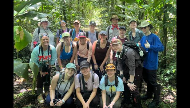 Ana Estrella, assistant professor of natural sciences at Missouri State University-West Plains (MSU-WP), led an education abroad experience to Costa Rica in summer 2025. The experience is open to students and the community. Estrella, pictured back row, second on left, shared this image from the Pacuare Reserve in Costa Rica. Pictured, back row, left to right: Alexandra Graham, Ana Estrella with them are students and the tour guides who participated in the trip this past summer. photo provided
