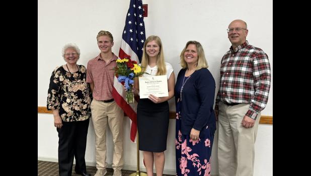 Chapter Essay Contest Winner Elianna Aichele of Ozarks Christian Academy - Pictured, left to right: Ruth Stevens, grandmother of Scholarship Recipient and member of Ozark Spring, NSDAR; Elianna's brother, Elianna Suzanne Aichelle the $500 Scholarship Recipient; and Elianna's parents. photo courtesy of Mary Ann Mutrux
